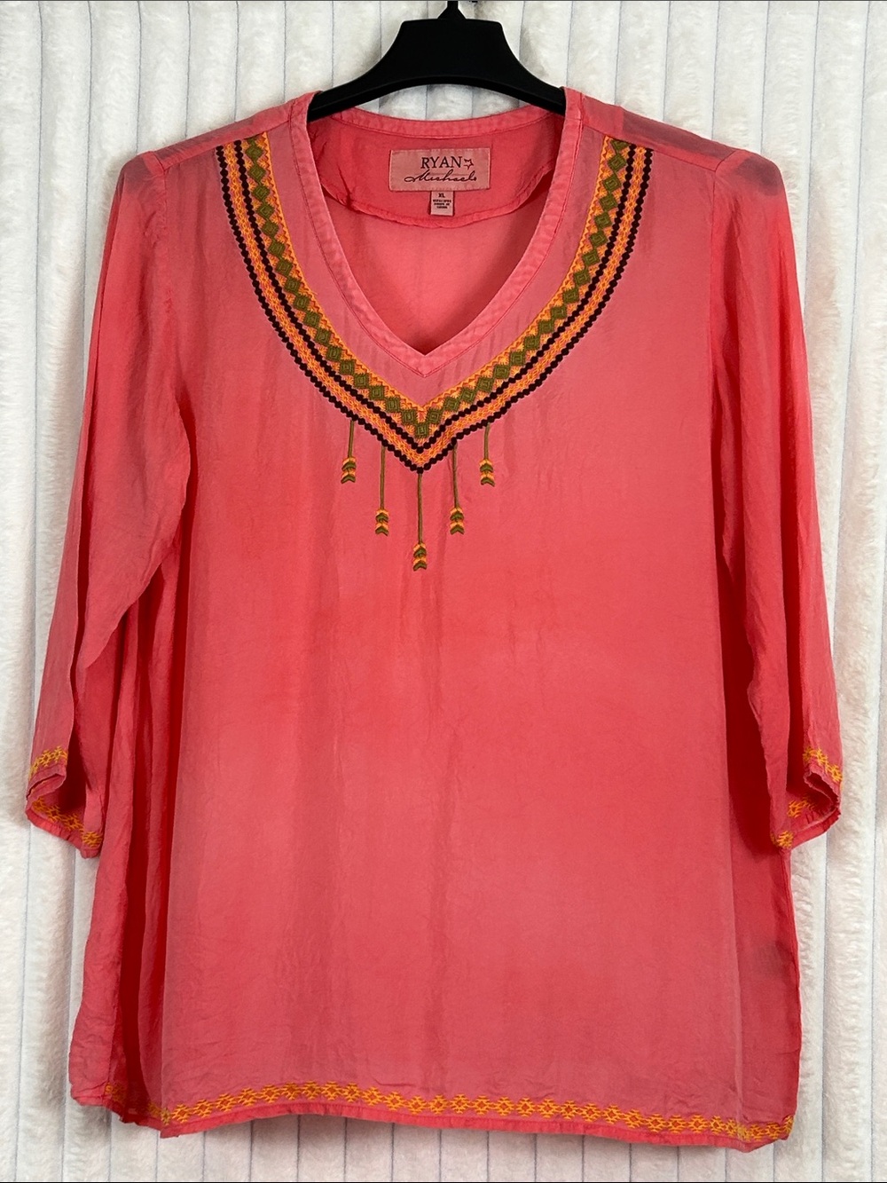 Ryan Michael Coral Embroidered V-Neck Tunic Top